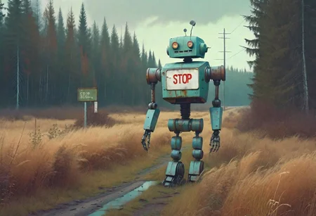 ultra high quality photo "vast overgrown field, extremely huge decrepit android, , aged and neglected appearance, advanced technology remnants, natural overgrowth, contrast between nature and forgotten futuristic elements" add a rusted stop sign next to the robot. film, Simon Stlenhag Style, photo in phst artstyle, film photography style, light grain, medium grain, heavy grain