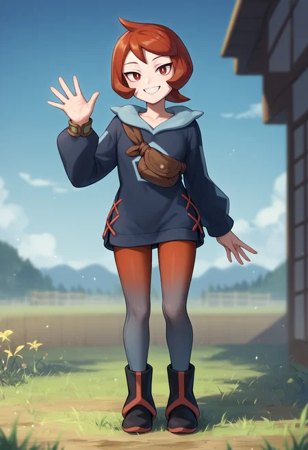 score_9, score_8_up, score_7_up, score_6_up, score_5_up, score_4_up, BREAK, source_anime,
1girl, arezu, red hair, cowlick, short hair, red eyes,
hoodie, long sleeves, pantyhose, boots, brown bag,
waving,
smile, standing, full body, looking at viewer, grass, blue sky, meadow, moutains background <lora:ArezuXL:1>