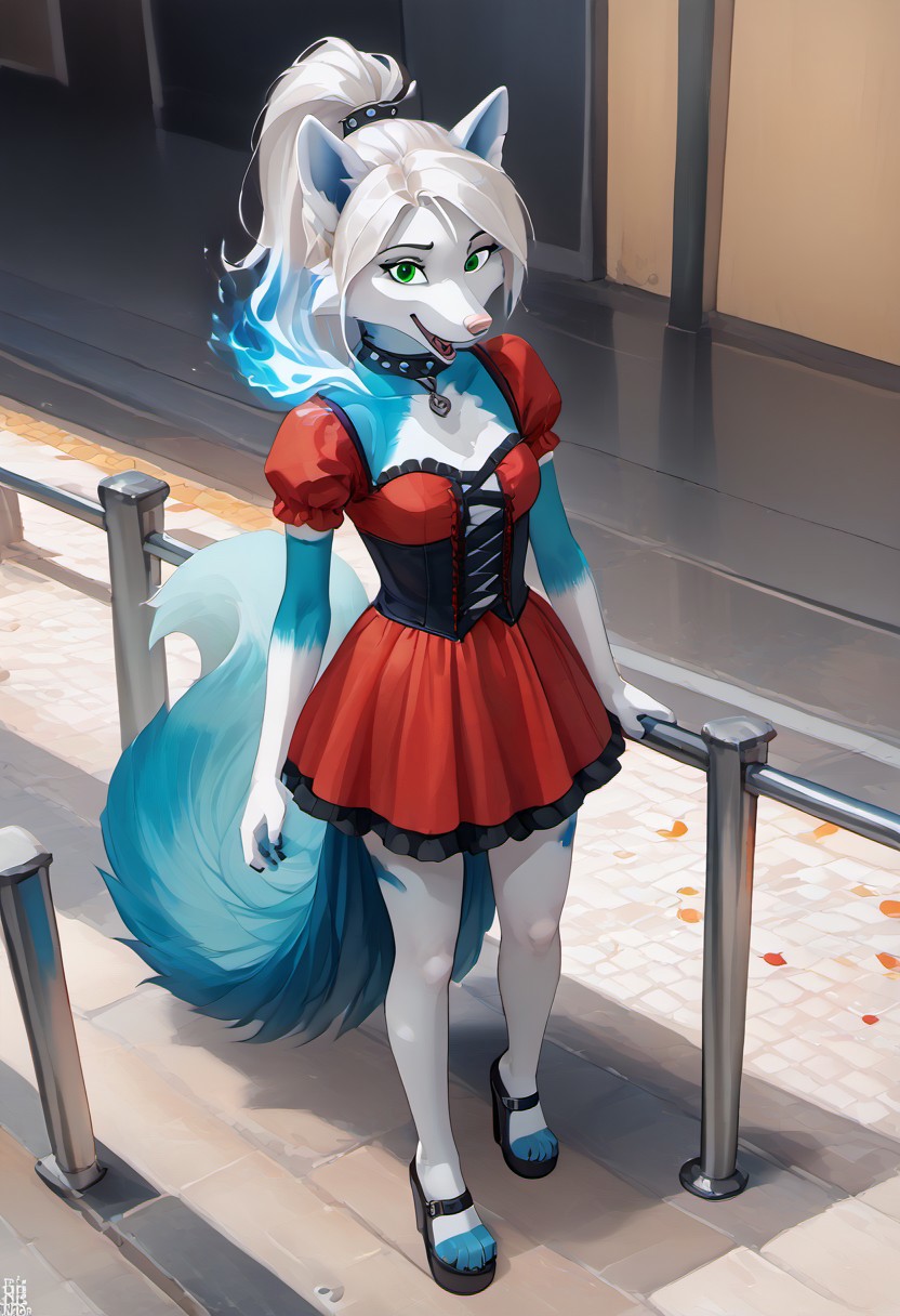 The furry arctic fox (turquoise (#30d5c8) fur) has turquoise colored fur all over its body, with white hair pulled back in a ponytail and green eyes, the female. The emphasis is on the face, a well-developed face, well-developed hands, well-developed legs. Dressed in a gothic red dress. It stands on a pedestal. He stands controlling the blue flame. The petals of the flame are woven into the fur. The darkness is all around. View from above. an adult girl about 25 years old