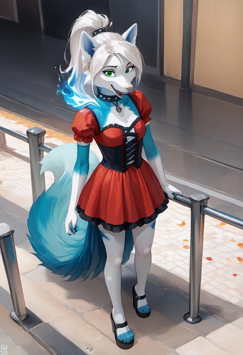 The furry arctic fox (turquoise (#30d5c8) fur) has turquoise colored fur all over its body, with white hair pulled back in a ponytail and green eyes, the female. The emphasis is on the face, a well-developed face, well-developed hands, well-developed legs. Dressed in a gothic red dress. It stands on a pedestal. He stands controlling the blue flame. The petals of the flame are woven into the fur. The darkness is all around. View from above. an adult girl about 25 years old