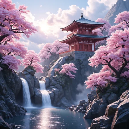((Mii-dera Temple of peace)) in the mountains surrounded by ((cherry blossoms trees)), mid morning in the beginning of winter, waterfalls running down the mountain tops