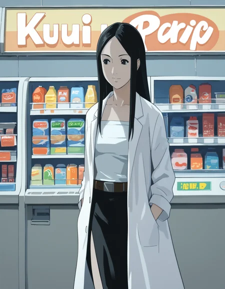 score_9,  score_8_up, score_7_up, source_anime, <lora:ray-animation-ponyxl:1> kasuganoray, pale skin, lab coat, black hair, long hair, tube top, black skirt, belt,
1girl, vending machine, looking to the side, smile, hospital
