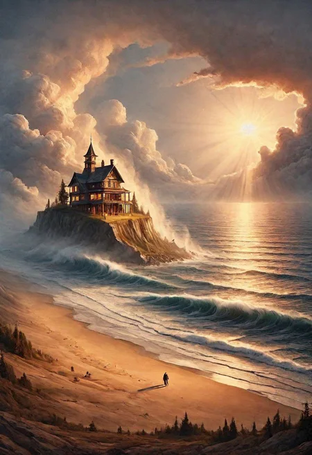 an epic painting on parchment of a beach with waves crashing on it and a sunset in the background with a house on the hill, Alena Aenami, extremely detailed oil painting, an oil painting, american scene painting, old book style illustration, (tesselation:1.1), Perfectly composed and meticulously detailed, this masterpiece captured in Octane mesmerizes in 8k resolution. Trending on ArtStation, it's an award-winning photograph that transports you to a realm of cosmic wonder, Surreal, epic, size play, vivid magic realism, tiny silhouettes from people showing how epic the scene is, By Hans-Werner Sahm and Marc Adamus. 64K, UHD, HDR, octane render, depth by atmosphere, vivid color palette., depth by atmosphere, dynamic lighting.