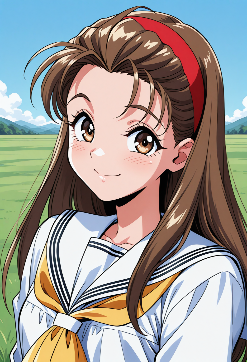 yasuda_maina, brown eyes, brown hair, long hair, hairband, school uniform, serafuku, white sailor collar, yellow neckerchief, white shirt, long sleeves, <lora:Graduation_yasuda_maina_illustrious_ver1:0.8>
smile, closed mouth,, masterpiece, best quality, very aesthetic, absurdres, general,, 1girl, solo, blue sky, (grasslands:1.2), looking at viewer,, (upper body:1.2), (close-up:1.2), (facing viewer:1.2), (open eyes:1.4), (portrait:1.2)