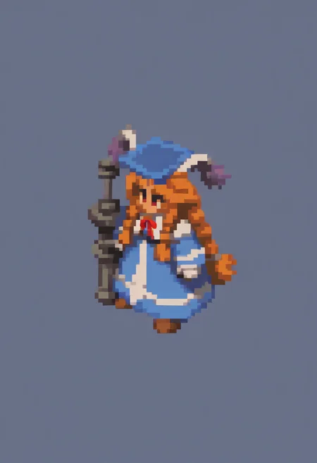 masterpiece, best quality, absurdres, white background,simple background,looking at viewer, from side, full body, standing, solid oval eyes, no mouth, no nose, pixel art,1girl, momon11, red eyes, animal ears, orange hair, very long hair, braids, large hair, mortarboard,pince-nez,blue robes, white trim, white capelet, red ribbon, white pants, white gloves, brown boots,cannon,planted weapon <lora:momo_n11:0.8> <lora:FFT-Sprites-illus_Fp:1>