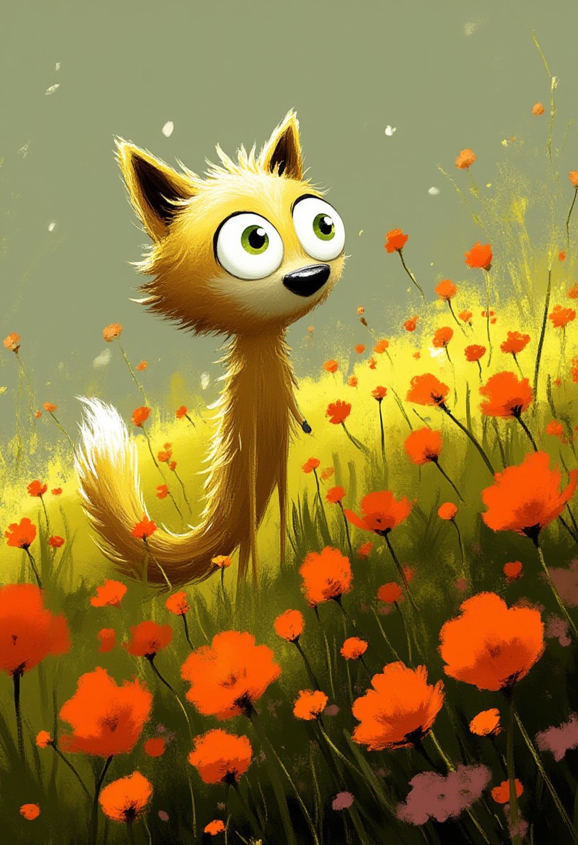 A whimsical illustration of a thin fox with tattered fur in dark whimsical art style, standing in wild poppies, digital painting with expressive brushstrokes showing textured fur, meadow background, characteristic Tim Burton inspired design with huge green eyes and black nose