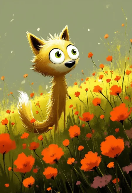 A whimsical illustration of a thin fox with tattered fur in dark whimsical art style, standing in wild poppies, digital painting with expressive brushstrokes showing textured fur, meadow background, characteristic Tim Burton inspired design with huge green eyes and black nose