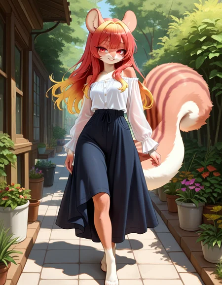 masterpiece, best quality, very aesthetic, absurdres,
outdoors,
standing, posing,
casual,
full body, seductive smile, parted lips, long eyelashes,
<lora:Namuta_v01_NAIXL:1>
Namuta,1girl,solo,furry,furry female,squirrel girl,squirrel ears,long hair,multicolored hair,red eyes,animal nose,body fur,squirrel tail,