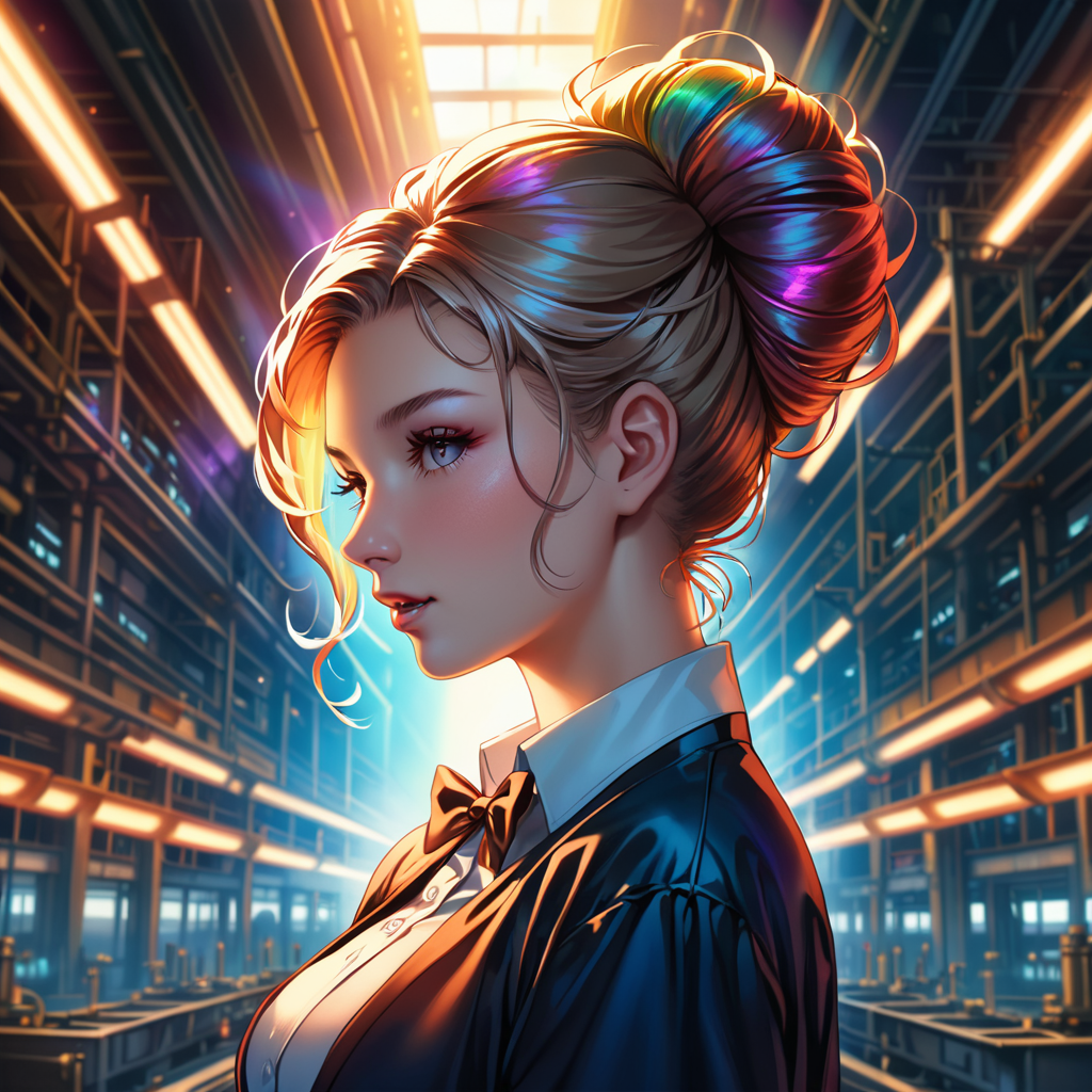 stylized by Brandon Woelfel and Beeple, digital art, insane details, hip level shot of a midweight (sunlight, 1girl, breasts, solo, french twist bun hair, rembrandt lighting, woman:1.3) as a Office worker, Tired Bowtie, inside of a Oil refinery, dense space, extremely beautiful, Summer, Best quality, Light, Yuccie Art, F/8, rainbow swirl, Pixabay, highly detail, sunny, dynamic background, symmetry, ambient atmosphere, complimentary colors, magnificent, magical, unique, extremely stylish