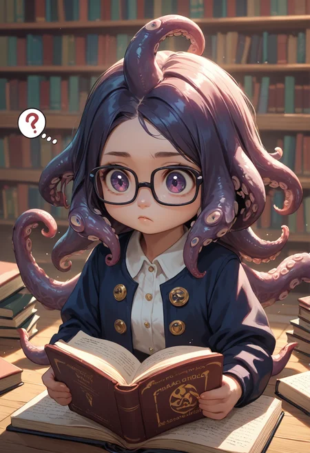 score_9, score_8, score_7_up,
magic academy, library, cute chibi Cthulhu, confused, reading book, wearing glasses, question marks floating over head, cthulhu mage teacher scolding pupil