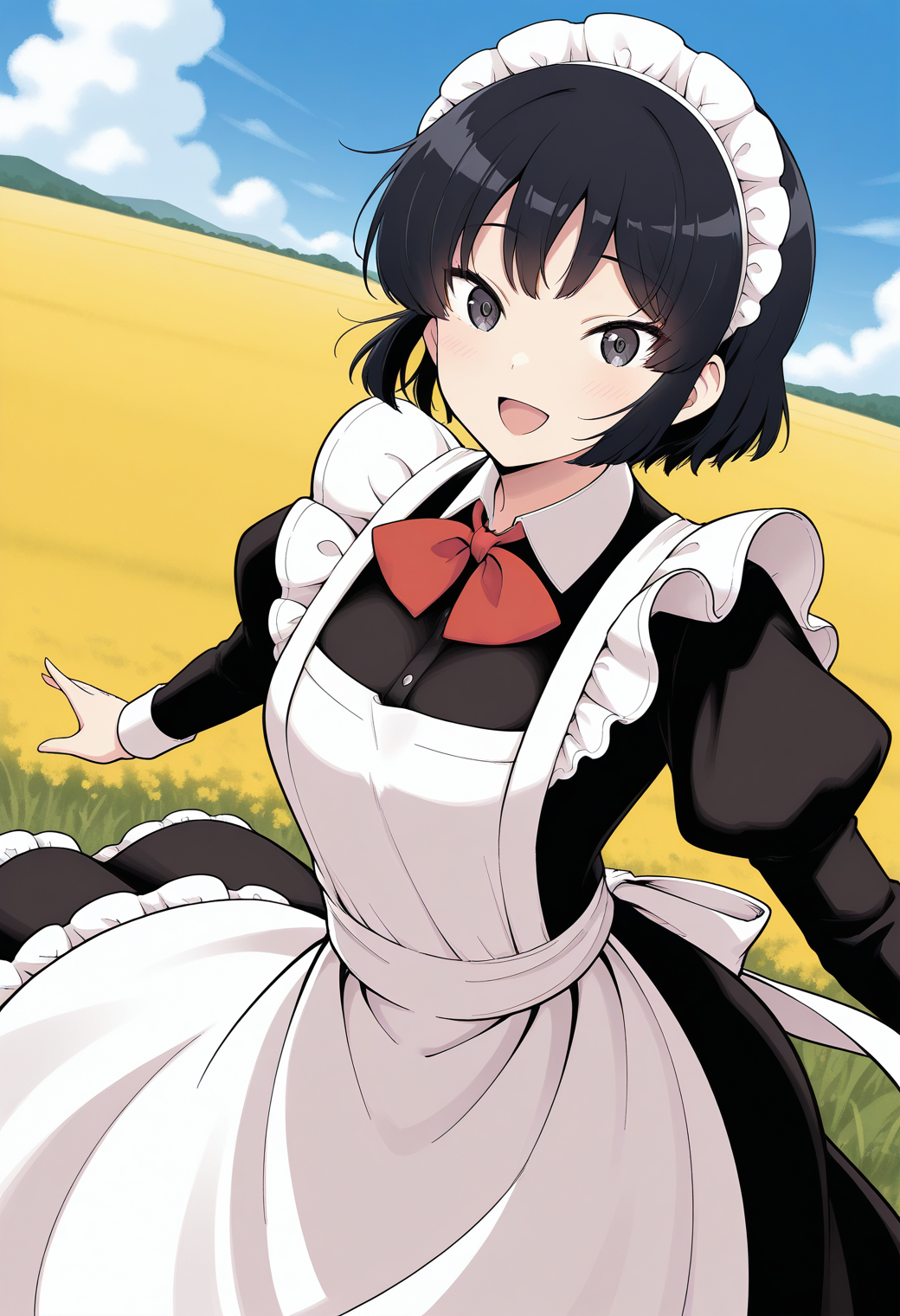 kujyou_meika, black eyes, black hair, short hair, maid headdress, maid, maid apron, dress, red bowtie, long sleeves, puffy sleeves, <lora:kujyou_meika_illustrious_ver1:0.8> 
smile, open mouth, 
1girl, solo, (field:1.2), (blue sky:1.2), looking at viewer,, masterpiece, best quality, general,, (cowboy shot, dynamic pose:1.4),