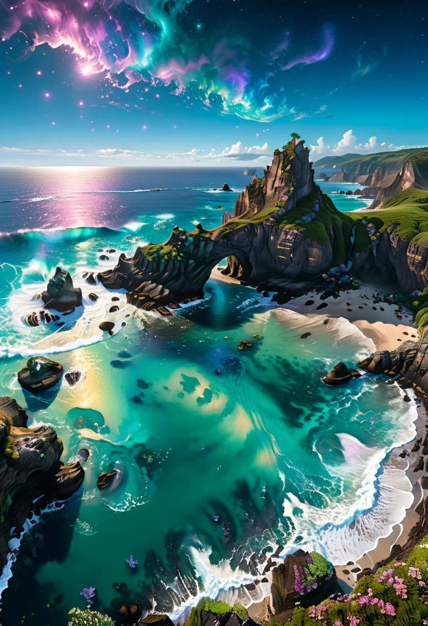 Depict a surreal coastal scene on a distant planet, where jagged cliffs overlook an iridescent ocean. The water glows with bioluminescent creatures, and strange, luminescent seaweed waves gently in the surf. The sky above is filled with swirling galaxies and distant stars, casting an ethereal light over the scene. Best quality, high resolution, ultra-detailed, 8k. masterpiece, trending on artstation, sharp focus, studio photo, intricate details, highly detailed