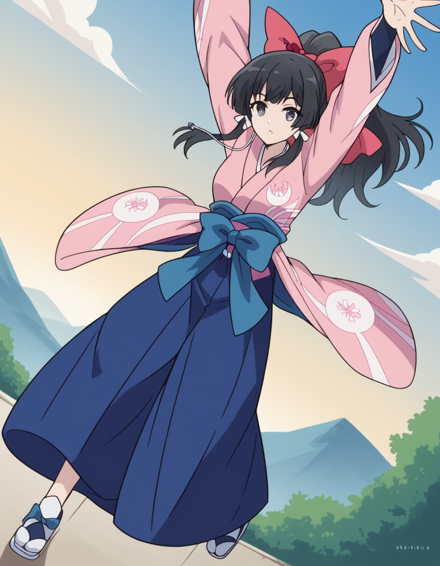 score_9, score_8_up, score_7_up, source_anime, <lora:yae-kokonoe-s2-ponyxl-lora-nochekaiser:1>, yae kokonoe, long hair, bangs, black hair, bow, ribbon, hair ribbon, ponytail, hair bow, black eyes, grey eyes, medium breasts,, skirt, japanese clothes, kimono, hakama, hakama skirt, pink kimono, suburban neighborhood, morning jog, earphones, running shoes, fresh air, sunrise, , on back, arm support, arms up, incoming hug, pov, reaching, reaching towards viewer,, looking at viewer, solo,, dutch angle, cowboy shot