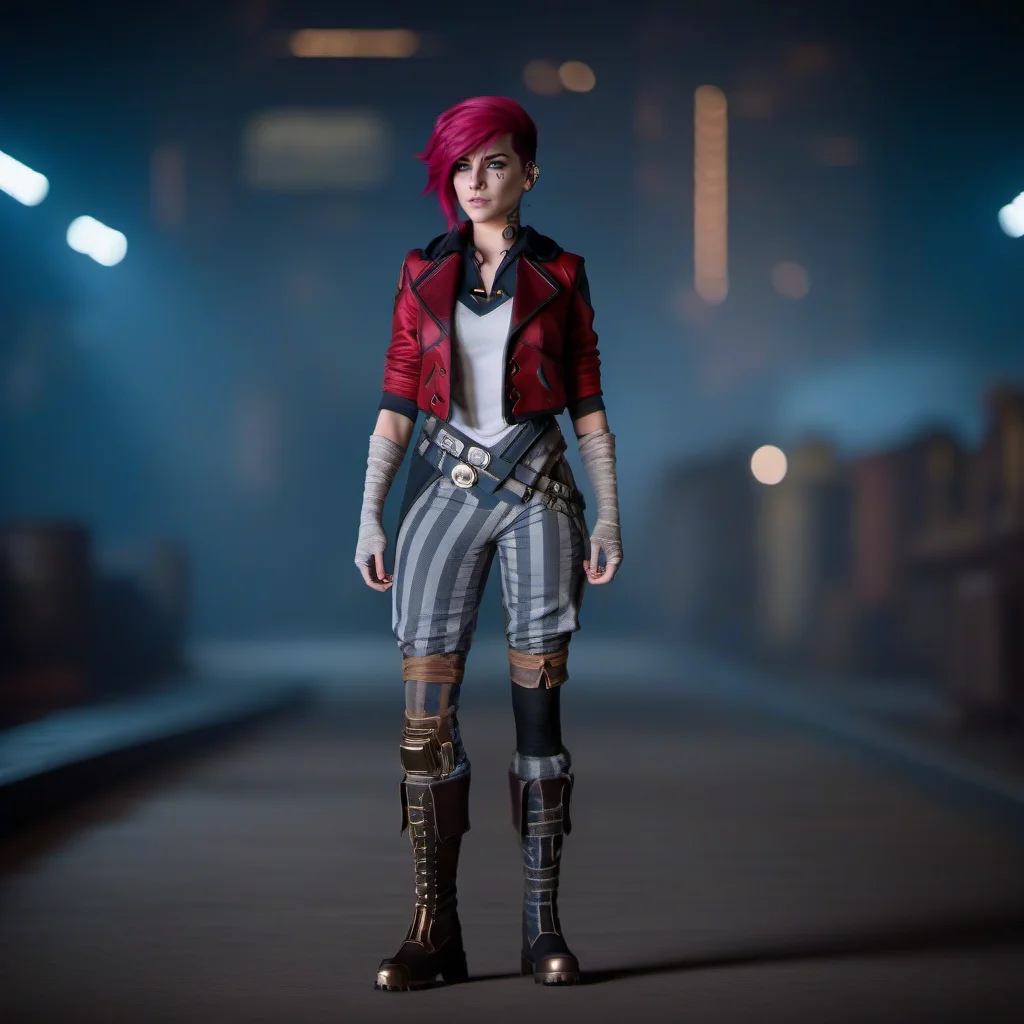 cinematic photo a woman, full body, pink hair, red jacket, steampunk city background, (((text ''VI''))) <lora:Vi1024-V2:0.8> . 35mm photograph, film, bokeh, professional, 4k, highly detailed