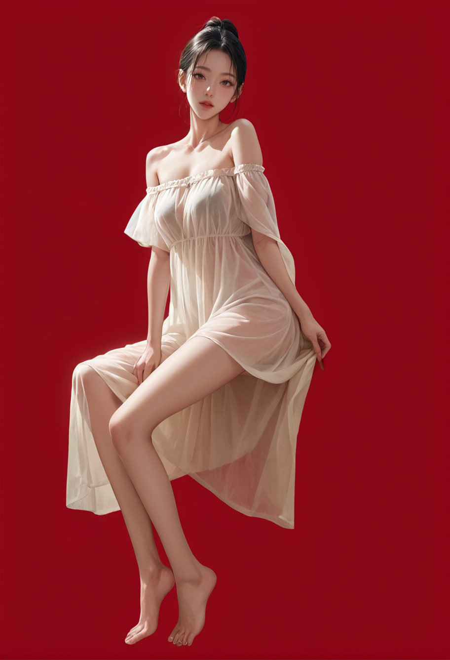1girl,solo,red background,,ruanyi0837,off-shoulder dress,see-through,barefoot,<lora:0837 One shoulder sequined tube top dress_v1_pony:1>, score_9,score_8_up,score_7_up,,8k,1girl,solo,,
