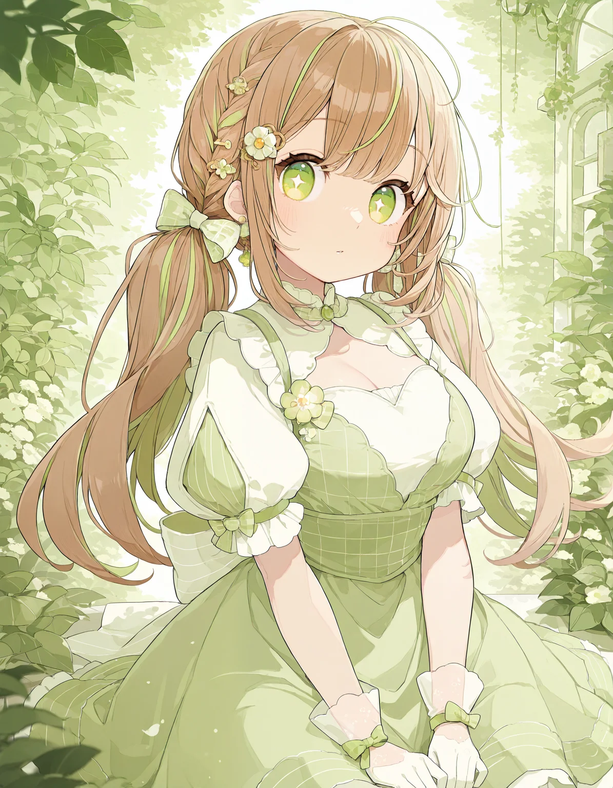 masterpiece, best quality, newest, highres, absurdres,<lora:Chon_style-000019:1>, 1girl, solo, dress, long hair, breasts, hair ornament, brown hair, short sleeves, bow, puffy sleeves, twintails, gloves, streaked hair, puffy short sleeves, looking at viewer, green hair, multicolored hair, green theme, braid, bangs
