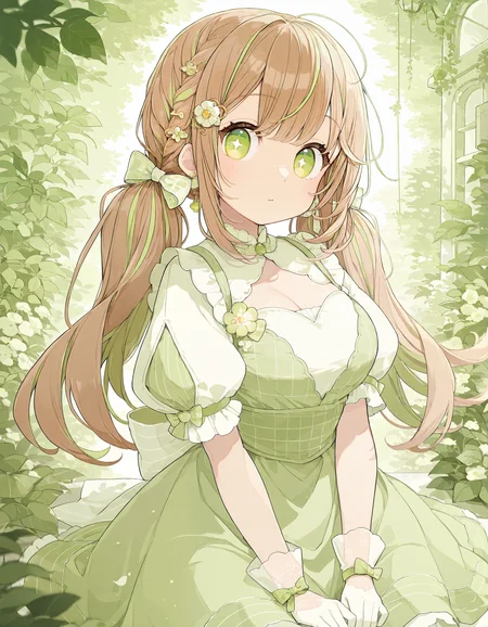 masterpiece, best quality, newest, highres, absurdres,<lora:Chon_style-000019:1>, 1girl, solo, dress, long hair, breasts, hair ornament, brown hair, short sleeves, bow, puffy sleeves, twintails, gloves, streaked hair, puffy short sleeves, looking at viewer, green hair, multicolored hair, green theme, braid, bangs