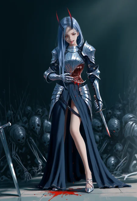 <lora:SDXL\Illustrious\noobai_ep11_stabilizer_v0.58_fp16.safetensors:0.8:1.0> <lora:SDXL\Illustrious\test\wlop.safetensors:1.0:1.0>wlop,1girl,:@,black theme,armor,glowing red eyes,knight,dagger,bones,blood splatters,licking knife,bloody,hollow body, demon, damaged armor, guro,evil smile, human parts on ground,standing,horror /(theme/),long blue hair,tongue out,oni horns, BREAK (chromatic aberration:1.2),very awa,masterpiece, best quality, amazing quality, very aesthetic, absurdres,