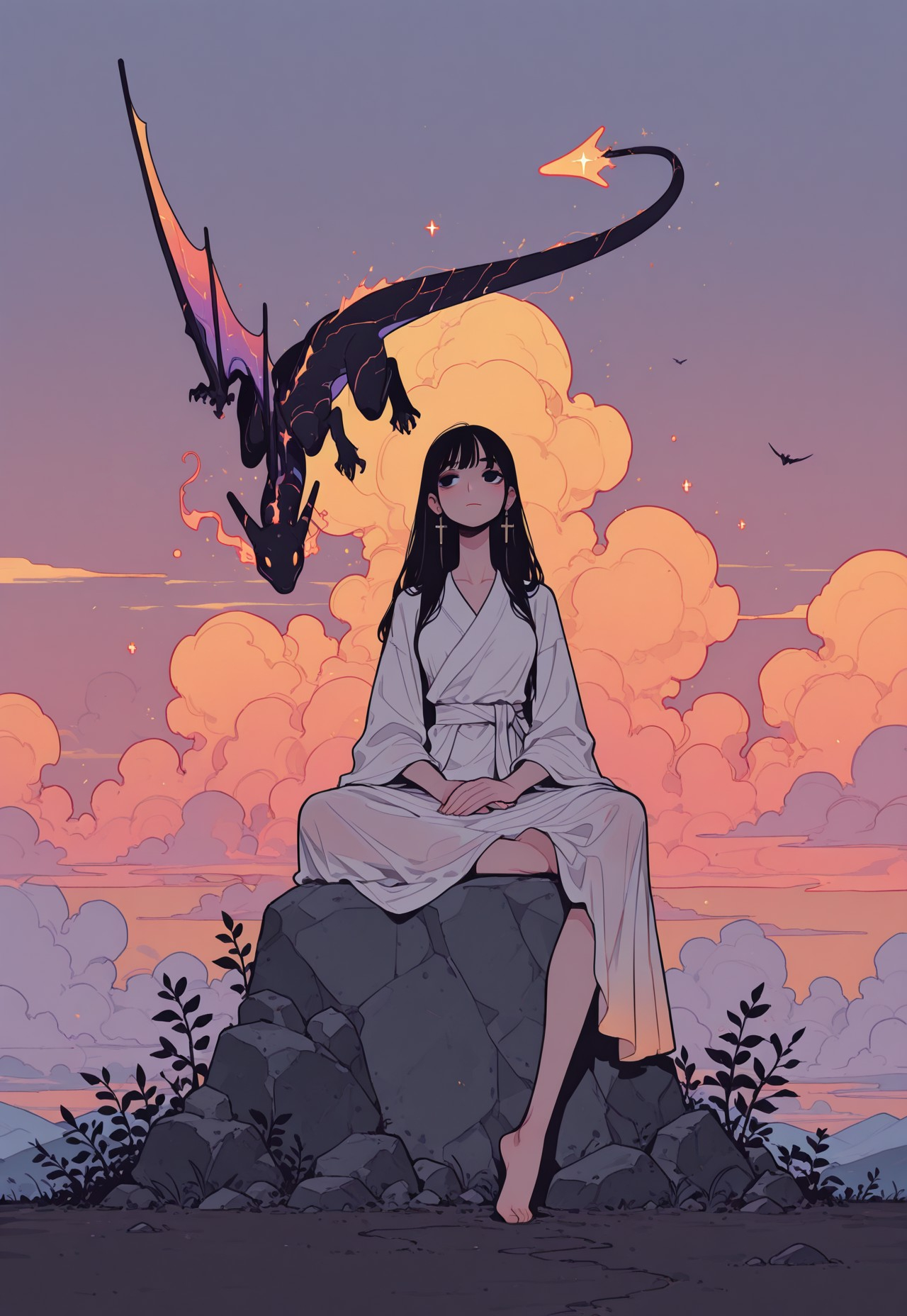 score_9, score_8_up, score_7_up, masterpiece, best quality, very aesthetic, incoth, (incase:0.6), detailed face, (dynamic:1), 1woman, black hair, long hair, black eyes, sitting on peak, on boulder, high up, meditating, serene, robes, monk, clouds, sunset, cross-legged, gradient, glowing serpent, flying curling wyvern, translucent, transparent, Flatline, Flat vector illustration