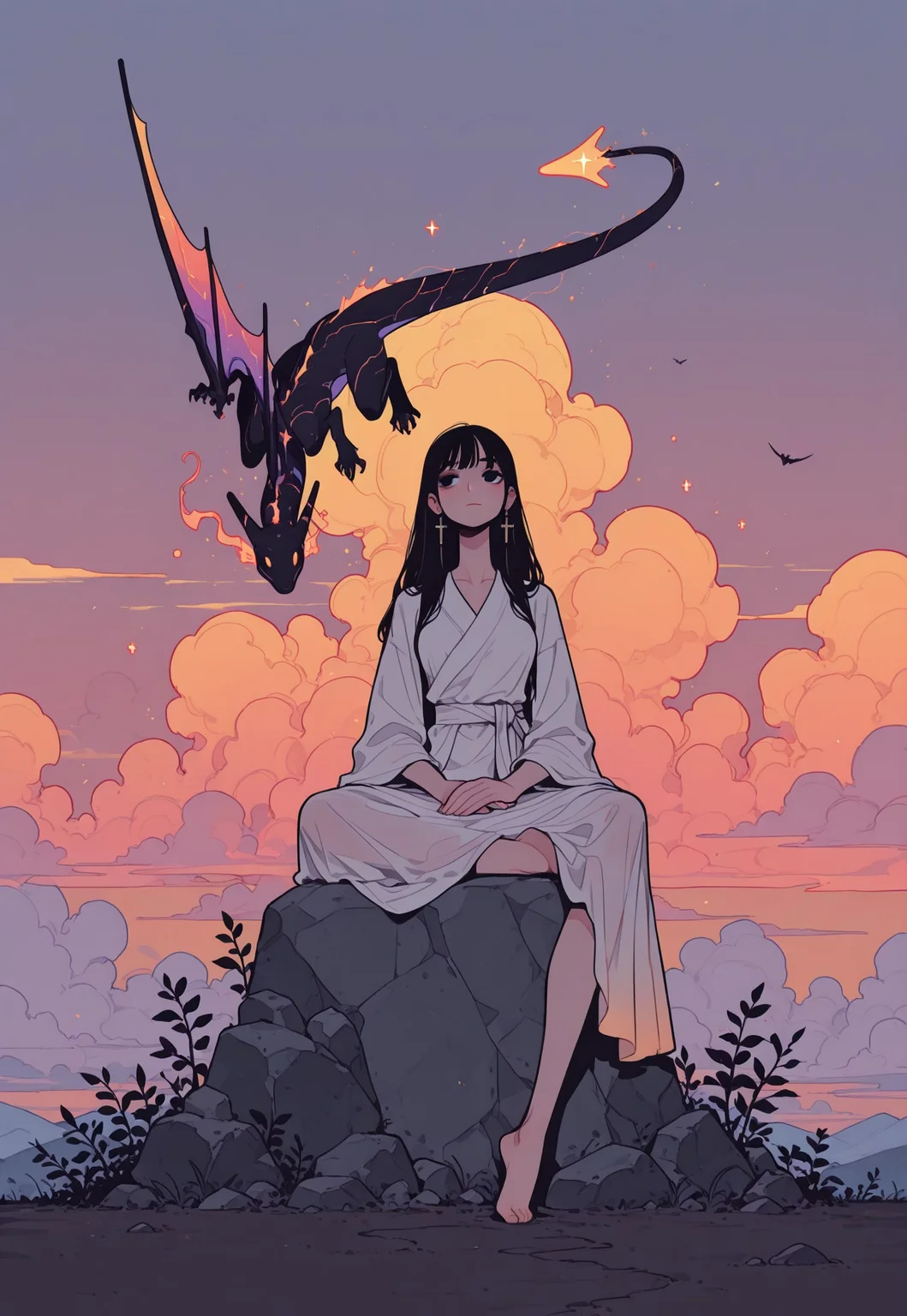 score_9, score_8_up, score_7_up, masterpiece, best quality, very aesthetic, incoth, (incase:0.6), detailed face, (dynamic:1), 1woman, black hair, long hair, black eyes, sitting on peak, on boulder, high up, meditating, serene, robes, monk, clouds, sunset, cross-legged, gradient, glowing serpent, flying curling wyvern, translucent, transparent, Flatline, Flat vector illustration