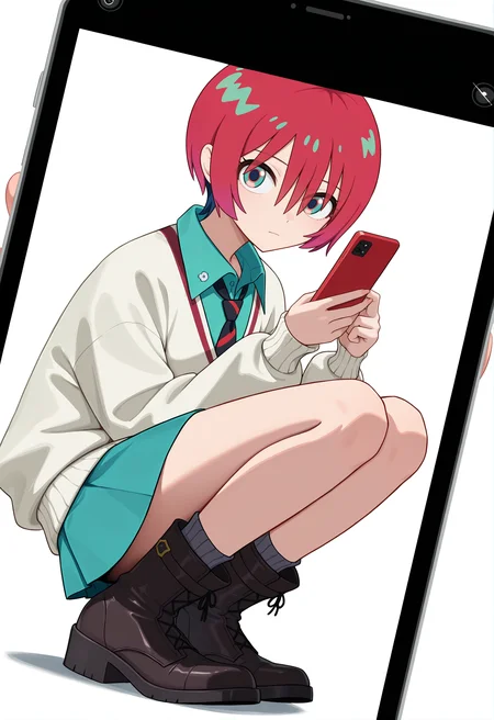 <lora:Amate Yuzuriha_illustrious-000040:1>,
Amate Yuzuriha,solo,short hair,squatting,holding,necktie,holding phone,cellphone,long sleeves,skirt,closed mouth,collared shirt,white shirt,smartphone,looking at viewer,white sweater,aqua shirt,aqua skirt,black boots,grey socks,white background,