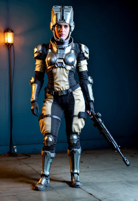 badass Corpus, corpus crewman, Tan and black corpus suit, corpus tileset, 1boy, wearing cirpus crewman outfit, wearing corpus crewman helmet, helmet covering face, face fully covered, holding gun, holding dera rifle, Dera, corpus gun, gun, dera rifle, dera gun,
(Corpus helmet, wearing helmet, wearing corpus helmet), , (dark shot:1.17), ((epic)) realistic, faded, , art, (hdr:1.5), (muted colors:1.2), hyperdetailed, (artstation:1.5), cinematic, warm lights, dramatic light, (intricate details:1.1), complex background, (rutkowski:0.8),((full body:1.9)), by Blizzard entertainment, big armor, l, wearing corpus helmet, low light, facing camera, lot of details, detailed armor, half side portrait, on corpus tileset, (night time),