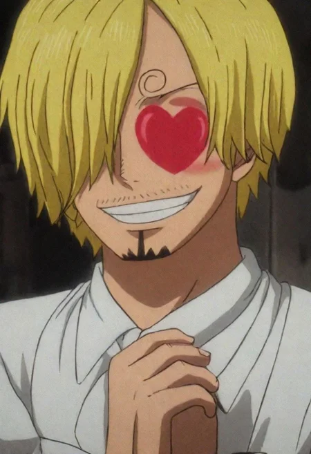 Blade Runner Style, a photo of a heartwarming description for this adorable photo: sanji with Heart eyes. The scene is so sweet that it melts even the toughest hearts. Describe the loving atmosphere created by the combination of sanji, smiles, and hearts.