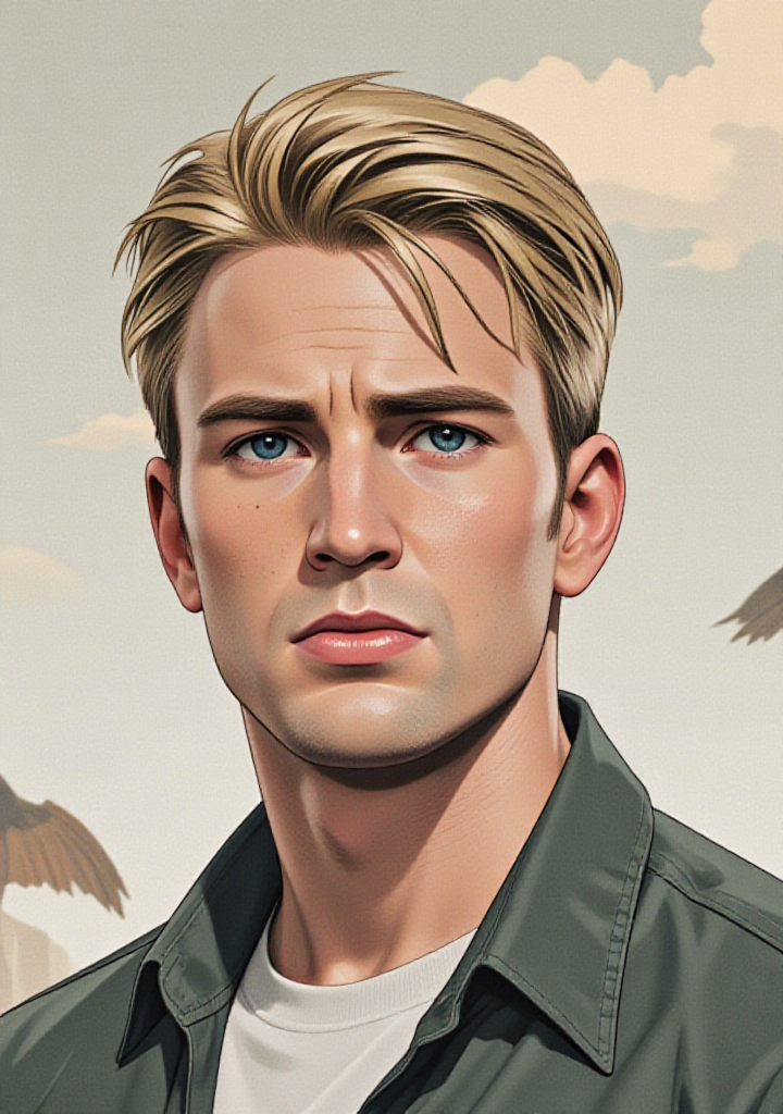 artistic illustration of steverogers, solo, shirt, dirty blonde hair, 1boy, male_focus, portrait, manly
