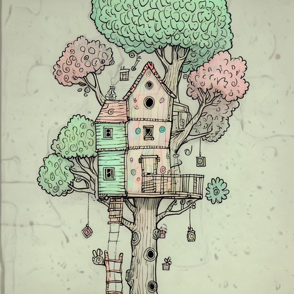 Whimsical doodle treehouse, crooked ladder, patchwork windows, fluffy clouds, stick figure family, sketchy tree trunk, childlike proportions, pastel color scheme ArsWorld, Doodle, <lora:ArsMorph_-_World_of_Doodle:1>