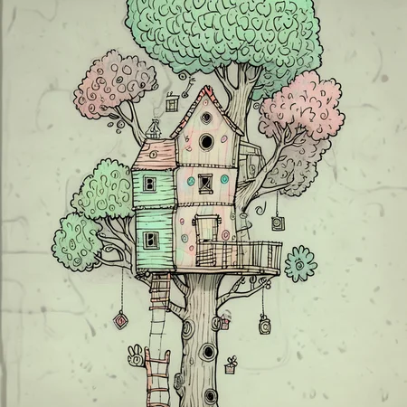 Whimsical doodle treehouse, crooked ladder, patchwork windows, fluffy clouds, stick figure family, sketchy tree trunk, childlike proportions, pastel color scheme ArsWorld, Doodle, <lora:ArsMorph_-_World_of_Doodle:1>