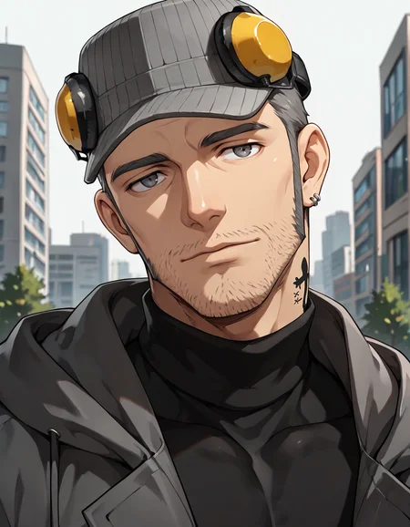 masterpiece, best quality, absurdres, newest, perfect quality, best quality, absolutely eye-catching, detailed background, intricate details, male focus, anime, 2d, solo, <lora:Persona 5 - Munehisa Iwai - Illustrious 2_1-000006:0.7>, m_iwai, 1boy, mature male, grey hair, grey eyes, long sideburns, stubble, neck tattoo, pinstripe hat, ear protection, grey long coat, black turtleneck, hood down, head tilt, come hither, looking at viewer, outdoors, city, trees, portrait, standing, head tilt