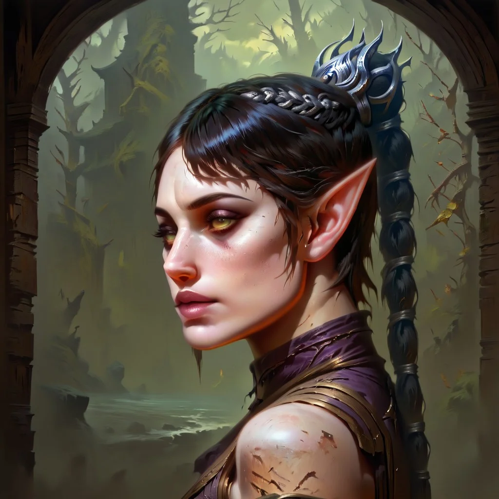 masterpiece, best quality, newest, absurdres, highres, DFOP-V3.0, oil painting, realistic, 1girl, shadowheart \(baldur's gate\), long braid, elf, pointy ears, black hair, braid, side bangs,
