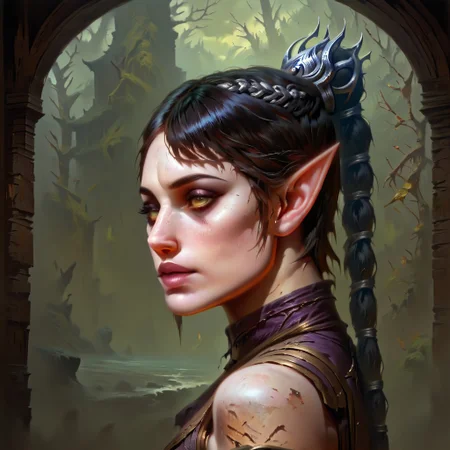 masterpiece, best quality, newest, absurdres, highres, DFOP-V3.0, oil painting, realistic, 1girl, shadowheart \(baldur's gate\), long braid, elf, pointy ears, black hair, braid, side bangs,
