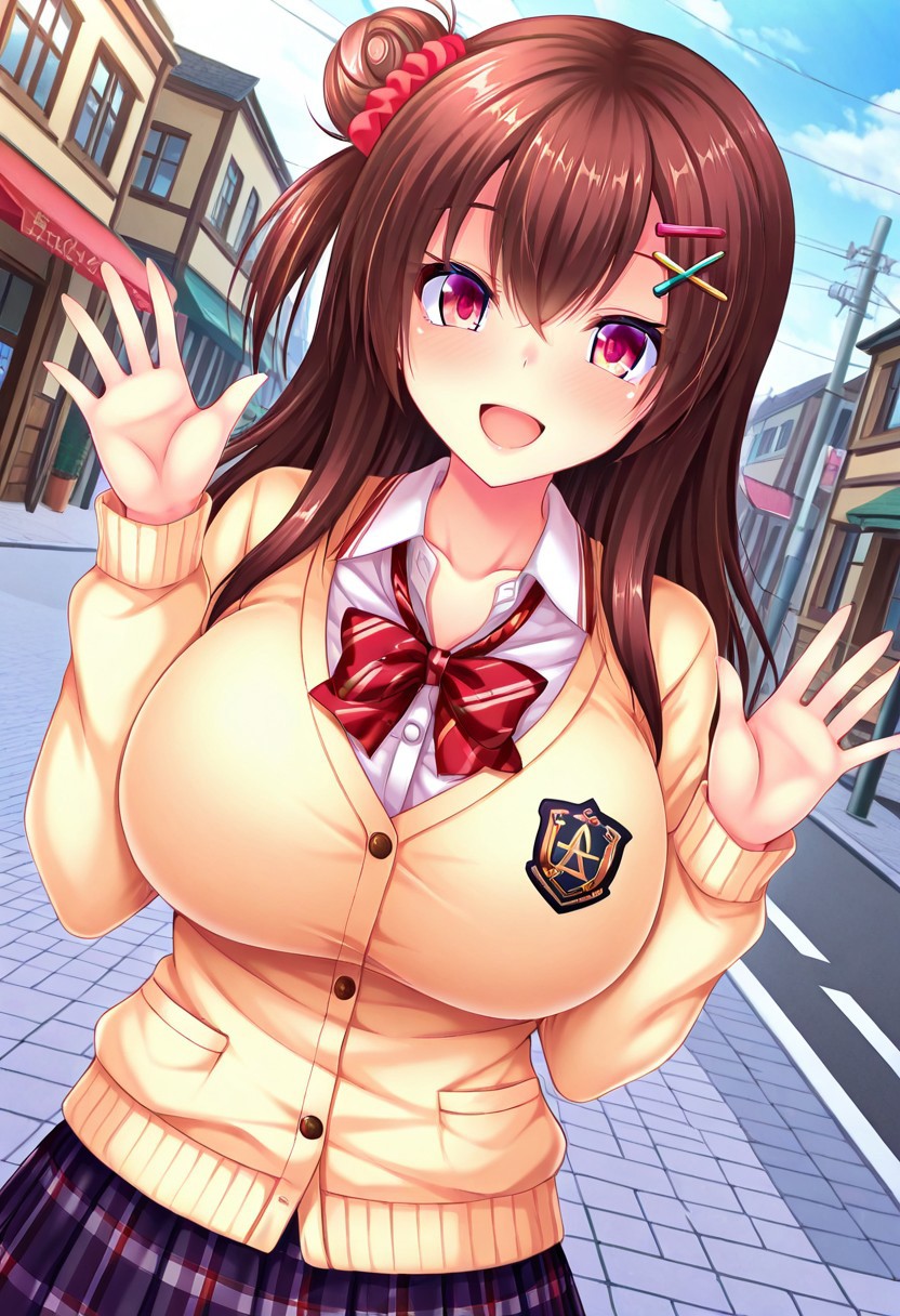 general,highres, ultra-detailed,very aesthetic,best quality ,best hands,best eyes,easynegative,
dynamic anglre, dutch angle, anime cloring,
1girl solo,looking at viewer,town,outdoors,smile,open mouth,waving hand,
Ayame Amasaki,brown_hair, long_hair, side hair bun, hairclip, huge_breasts,school uniform,
