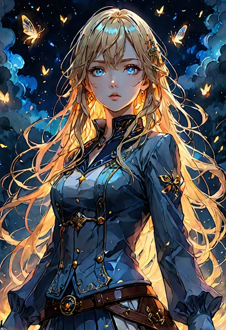 (mix of watercolor and oil painting, ukyio-e, anime artwork, anime style, studio anime, etheral, motion lines, glowing, Chiaroscuro, 1girl, woman, female focus, solo, adult female,light blonde hair, Long hair, grey-blue eye, hands in pockets,academy of magic background,deep colors, vivid, colorful, fairy tale aethestics, magic, fireflies, cinematic composition, volumetric lighting,volumetric fogs, volumetric dusk, lots of volumetric clouds, cinematic composition, fisheyes view,rim shadow,celestial, ethereal)