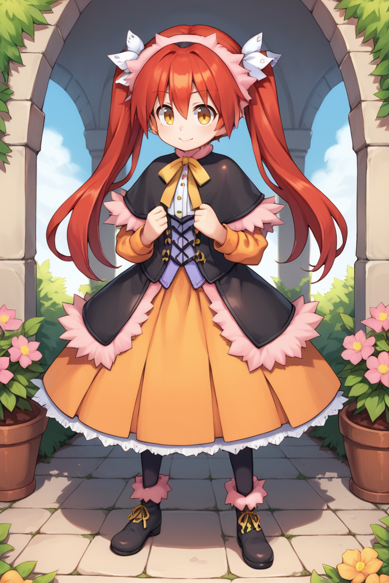 (score_9, score_8_up, score_7_up, score_6_up), source anime, BREAK, <lora:Emilia:0.8> , emidef, 1girl, red hair, long hair, twintails, yellow eyes, pink fur trim, fur-trimmed hairband, fur-trimmed capelet, black capelet, long sleeves, orange sleeves, fur-trimmed dress, purple dress, skirt under dress, orange skirt, corset, (layered dress), neck ribbon, black leggings, boots, smile, closed mouth, full body, BREAK, <lora:zy_Detailed_Backgrounds_v1:0.4> , detailed background, highly detailed, exterior, garden, courtyard, scenery, flowers,