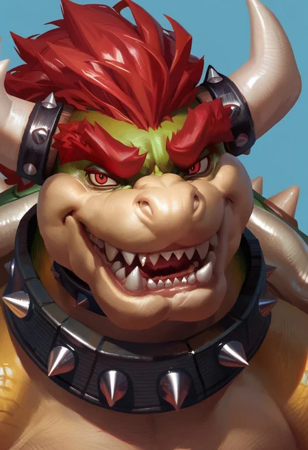 score_9, score_8_up, score_7_up, source_anime, hi res, masterpiece, best quality, highres, Nameless_Style, 1boy, male focus, bowser, horns, spikes, red hair, spiked collar, sharp teeth, looking at viewer, open mouth, evil smile, thick eyebrows, portrait, blue background, fangs