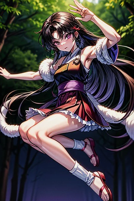 masterpiece, best quality 1girl Setsun4 solo long hair, (night time) forest background black hair very long hair purple eyes multicolored hair armor (fur trim) (medium body),<lora:EMS-179-EMS:0.800000>,<lora:EMS-293862-EMS:0.800000>ascot, bare shoulders, black footwear, detached sleeves, embellished costume, frills, japanese clothes, nontraditional miko, red skirt, sandals, sarashi, skirt, socks, armor, miko