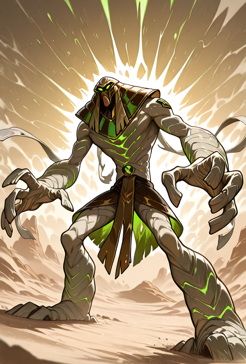 <lora:snareoh-07:1> snareoh, solo, male focus, no humans, 1boy, glowing eyes, green eyes, brown helmet, monster, mask, egyptian clothes,mummy bandages, mummy, massive hands,  Cartoon, dynamic pose, desert, sand storm, blowing bandages, masterpiece, best quality, amazing quality, very aesthetic, absurdres, newest,
