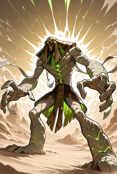 <lora:snareoh-07:1> snareoh, solo, male focus, no humans, 1boy, glowing eyes, green eyes, brown helmet, monster, mask, egyptian clothes,mummy bandages, mummy, massive hands,  Cartoon, dynamic pose, desert, sand storm, blowing bandages, masterpiece, best quality, amazing quality, very aesthetic, absurdres, newest,