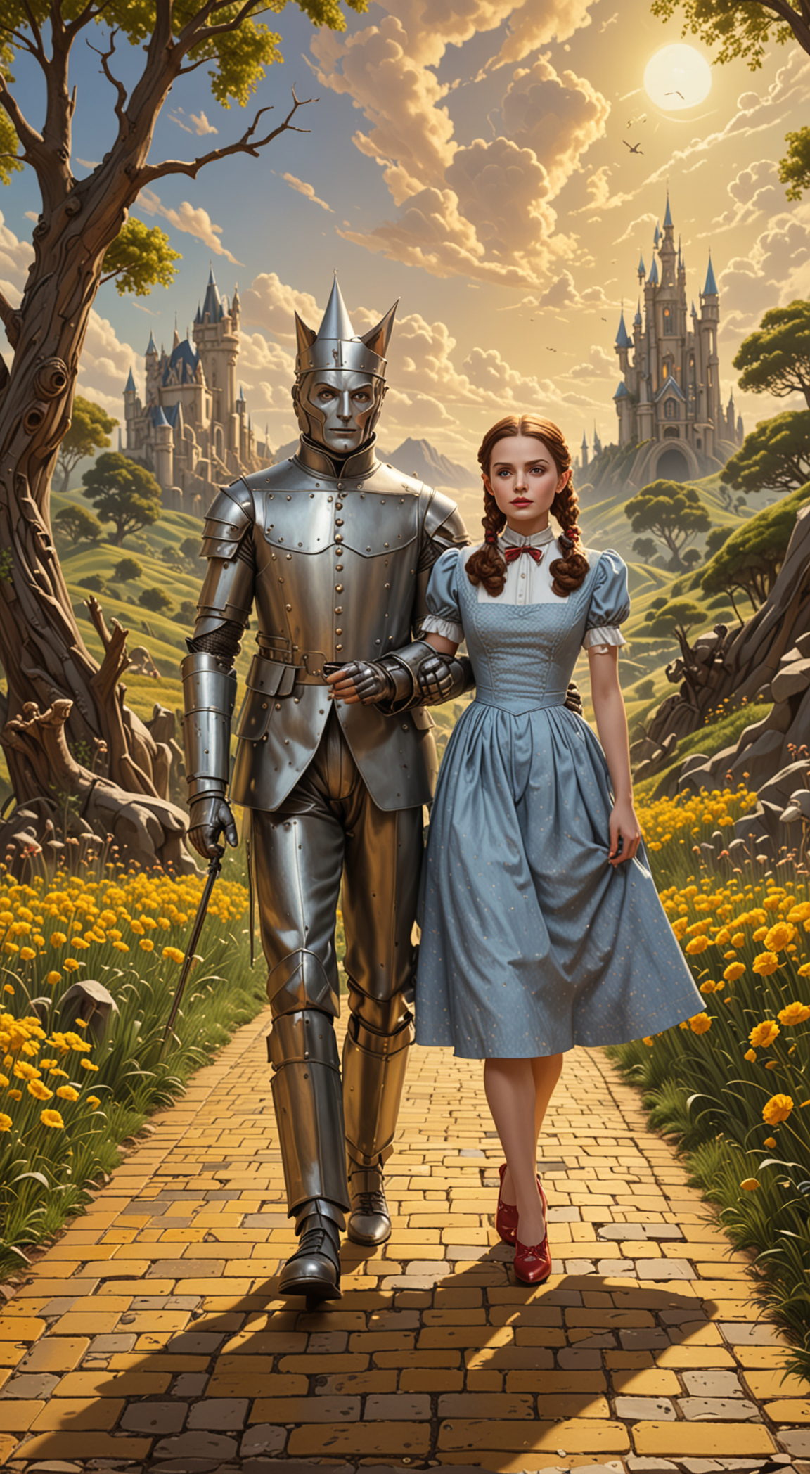 Wizard of OZ, The Tin Man and Dorothy walking down the yellow brick road. magnificent, celestial, ethereal, painterly, epic, majestic, magical, fantasy art, cover art, dreamy, insanely detailed and intricate, hyper maximalist, elegant, hyper realistic, super detailed, vivid colours, ornate, dynamic, articulate, 8K, <lora:3D_Framed_Wall_Art_-_By_DICE:0.7>, (Framed 3D), EPIC), high budget Hollywood movie, volumetric, Painstaking Attention To Detail, UHD