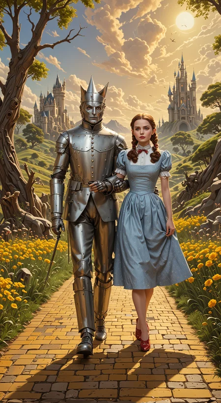 Wizard of OZ, The Tin Man and Dorothy walking down the yellow brick road. magnificent, celestial, ethereal, painterly, epic, majestic, magical, fantasy art, cover art, dreamy, insanely detailed and intricate, hyper maximalist, elegant, hyper realistic, super detailed, vivid colours, ornate, dynamic, articulate, 8K, <lora:3D_Framed_Wall_Art_-_By_DICE:0.7>, (Framed 3D), EPIC), high budget Hollywood movie, volumetric, Painstaking Attention To Detail, UHD