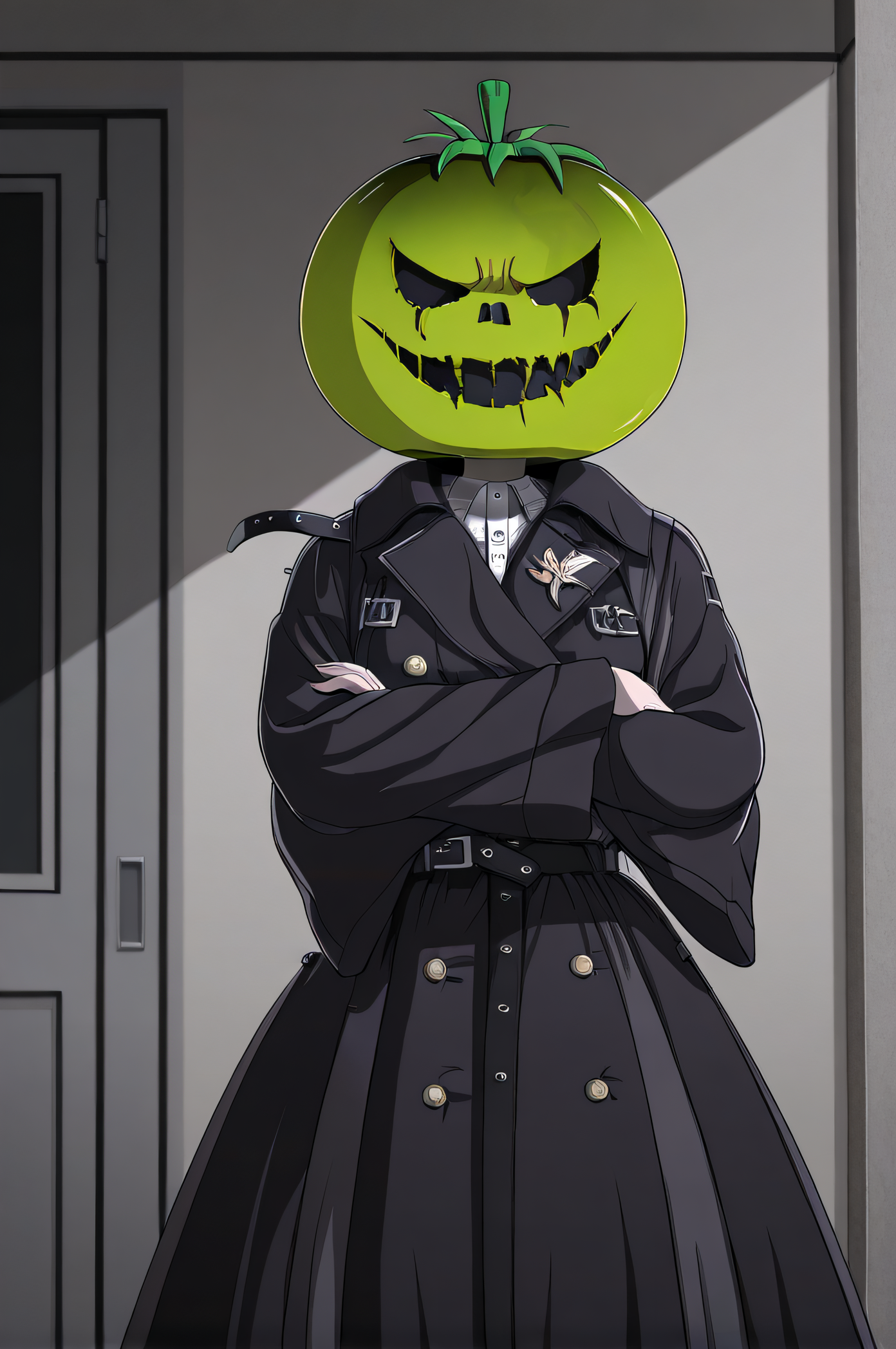 masterpiece, best quality, highres, newest, 1girl, solo, official style, artist cg, <lora:Oosuzuki_Kurara:1>, kurara, big jack-o'-lantern head, empty eyes, black coat, belt, wide sleeves, jacket, buttons, facing viewer, smile, cowboy shot, indoor, crossed arms