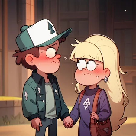 score_9, score_8_up, score_7_up, score_6_up, score_5_up, score_4_up, 1boy, 1girl, DipCif, holding hands, blushing, embarrassed, in the woods, rich colors, hat