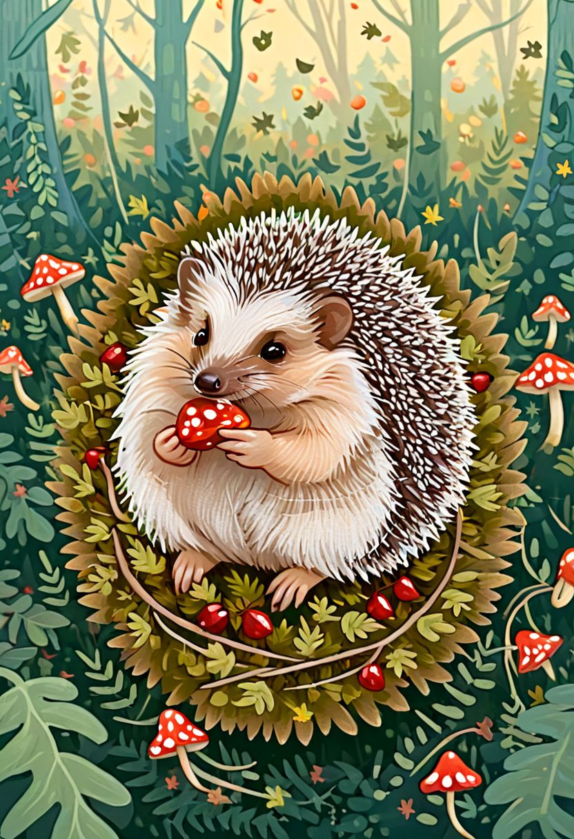 Flora, autumn, a hedgehog with mushrooms and berries on its back on needles, the image in the middle of the picture in muted and soft tones, trees, leaves. autumn background DreamlikeIllustration