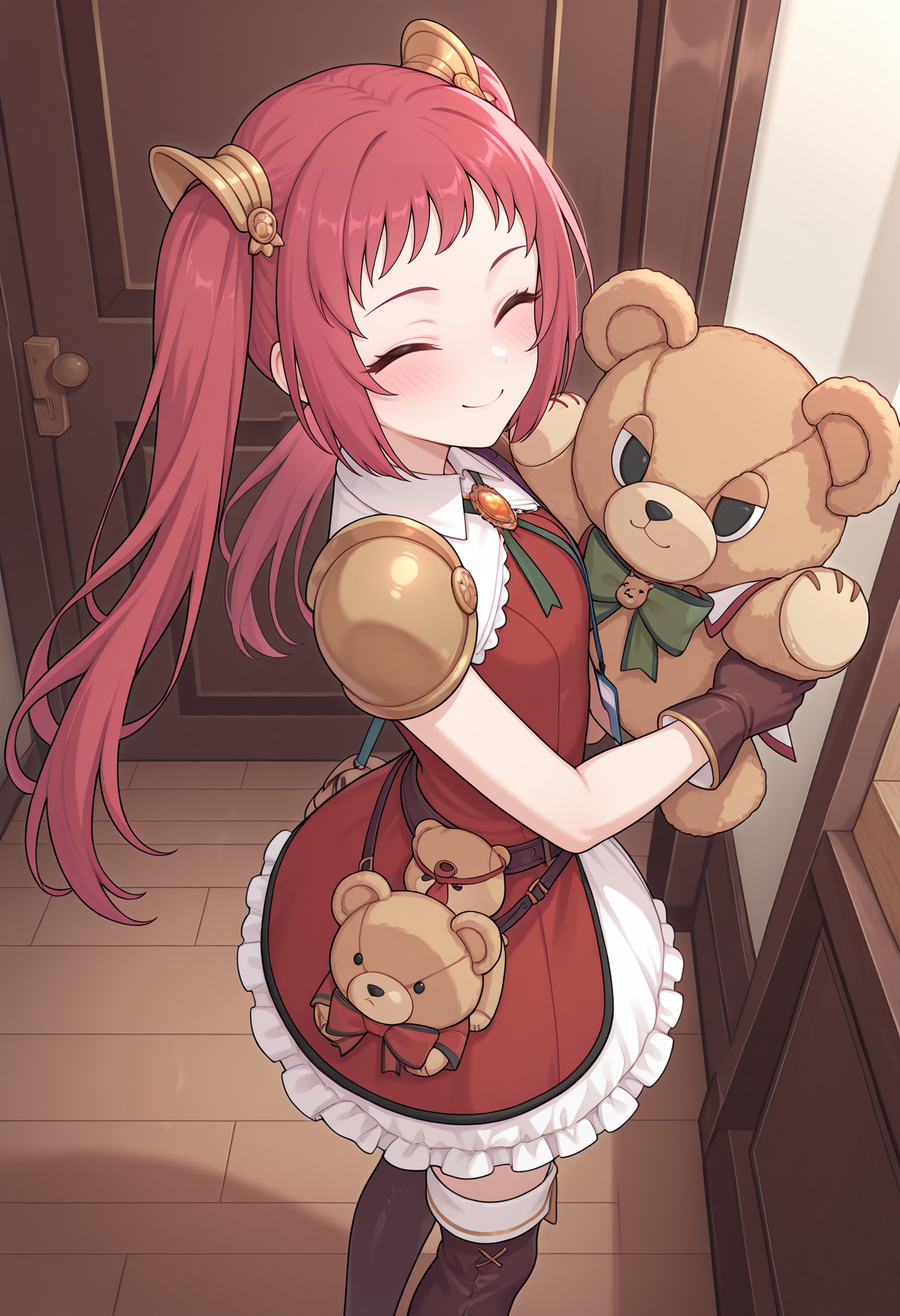 highres, best quality, masterpiece, indoors,
1girl, solo, pcrayane, twintails, red hair, long hair,
payndef, hair ornament, red dress, collared dress, sleeveless dress, white collar, brooch, green ribbon, lanyard, teddy bear pendant, single pauldron, shoulder armor, brown gloves, bear bag, waist bag, white skirt, frills, thigh boots,
from side, looking at viewer, 
blush, smile,
standing, from side, closed eyes, 
holding teddy bear, pkc teddy bear, large teddy bear, from above,
<lora:_ayane_pcr-elesico-ilxlA:1>