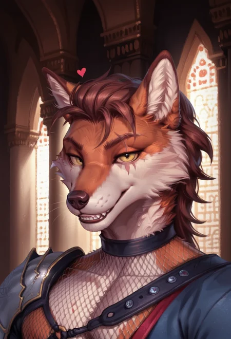 score_9, score_8_up, score_7_up, score_6_up, 1anthro, 1human, male, , furry, detailed fur, anthro, eyes, , perfect face, detailed eyes, perfect eyes, sexy, sexy boy, beautiful eyes, perfect cute face, petite body, face focus, dynamic angle, body shot, full body, looking at viewer, face focus, inside palace, detailed lighting, detailed background, upper body, portrait, eyes focus,
smug expression, floating hearts, eye focus, smug, pleased, mischievous, smirk, seductive pose, , flirty, flirting with viewer, detailed teeth, indoors, palace, Royal palace, castle,
bedroom eyes, detailed eyes, perfect eyes, beautiful eyes, , detailed fur, tail, realistic eyes, realistic fur, , solo, 1 boy, young, (((handsome, detailed face and eyes))), solo, yellow eyes, extremely detailed eyes, athletic build, skinny, muscles, toned, abs, scar across eye, bara, fishnet top, scar, scar on face, Koshiro, Koshiro_Kingsguard, armor, snout, furry, fox, fox tail, anthro, male, fishnet , shoulder pauldron, trousers, , <lora:Koshiro_-_Kingsguard:0.6>
tail, uncensored, canine mouth, sharp teeth, detailed teeth, detailed canine teeth,
<lora:CleanDetailed_Eyes:0.25> <lora:Better_caninefeline_mouth:0.2>
<lora:princess_xl_v1:1> <lora:Expressive_H:0.65> <lora:g0th1cPXL:0.45> <lora:incase-ilff-v3-4:0.3>