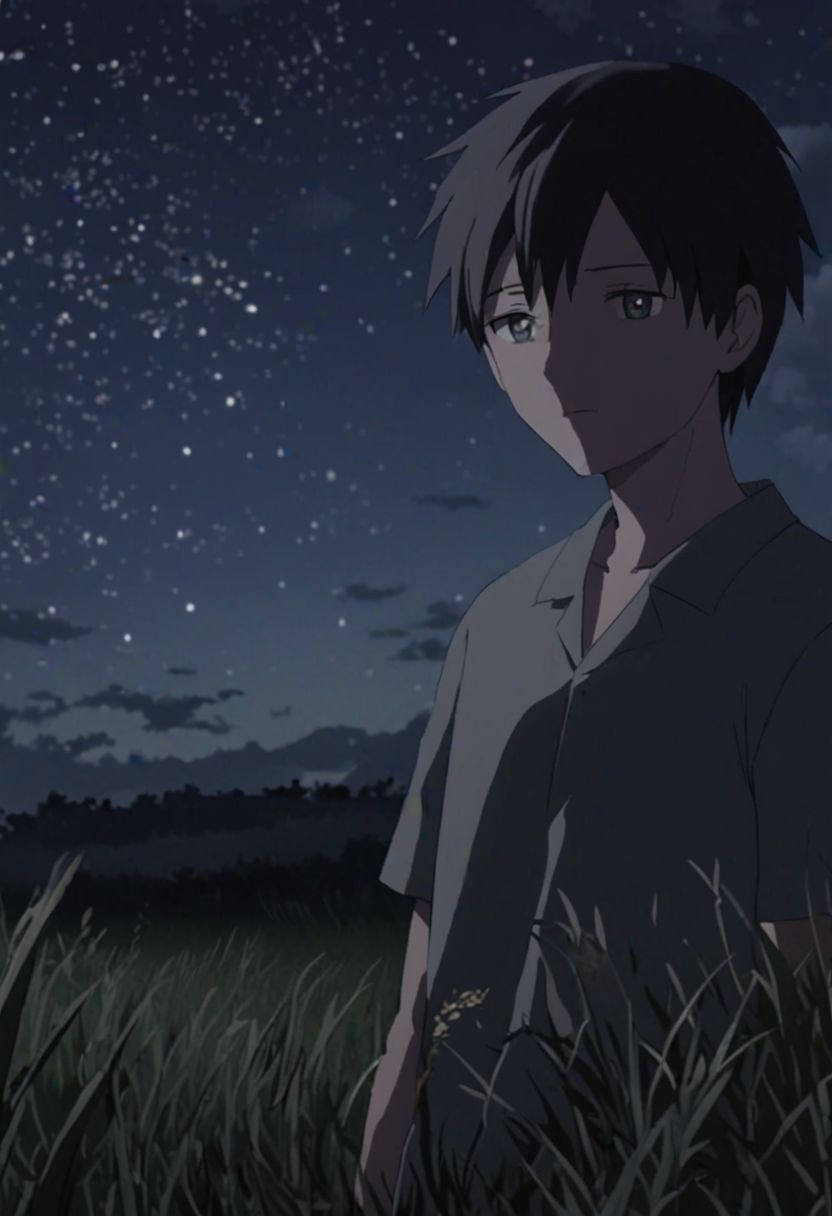 Highres, Masterpiece, High Quality, 4K, 8K, solo, 1Boy, Takaki Toono, adult, black hair, short hair, grassland, no light pollution, bush, nature, calm, peaceful, night breeze, breeze, awe, dim, easynegative, detailed_eye_model