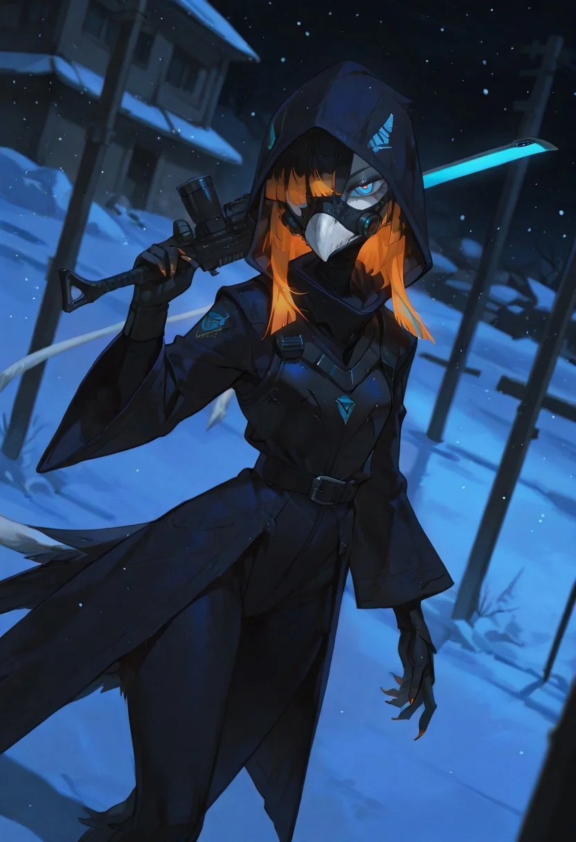 safe_pos, kaltespur,
(masterpiece, best quality:1.2), amazing quality, very aesthetic, 32k, absurdres, extremely beautiful, newest, scenery, extra details, (sharp detailed:1.2),
beautiful detailed hair, shiny hair, beautiful detailed background, extremely detailed eyes,
solo, anthro, female, nevrean,
black hair, hime cut, black body, chest armor plate, orange highlights, short hair, white beak, beak, blue eyes, white face, scuted hands, long tail, slim, skinny,
half-closed eyes, expressionless, long hair, looking at viewer, long sleeves, gloves, holding, weapon, belt, hood, wide sleeves, holding weapon, hair over one eye, coat, mask, glowing, glowing eyes, hood up, snow, snowing, mouth mask, dark blue jacket, over shoulder, weapon over shoulder, utility pole, gas mask, respirator, black leotard,
dutch angle,
debris, particles, dark background, dark blue background, (night:0.8), depth of field, blurry background, blue theme,