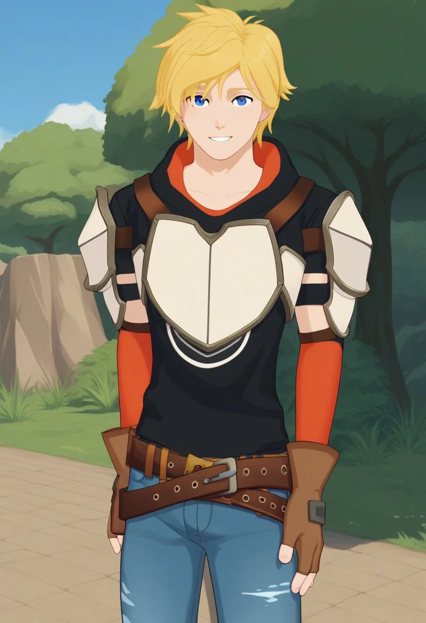 score_9, score_8_up, score_7_up, source_anime, highly detailed,
jaune, 1boy, male focus, solo, blonde hair, blue eyes, gloves, pants, jeans, denim, brown gloves, smile, armor, belt, blue pants, upper body, shoulder armor, shoulder pads, breastplate, looking at viewer, hoodie, hood,
outdoor, sky,